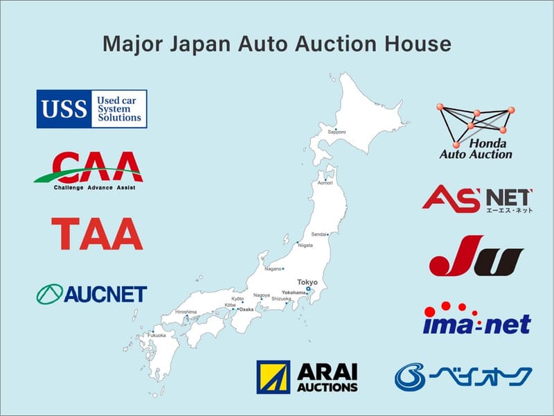 Major Japan auto auction houses on a map of Japan